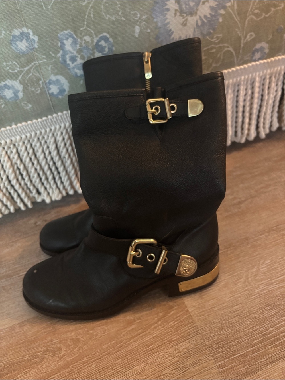 Vince Camuto Black Leather Moto Boots with Gold Buckles